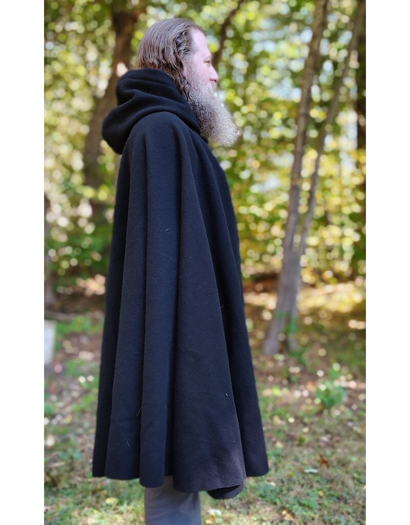 Cloakmakers.com 6177-Washable Black Wool Cloak w/ Blue Velvet Hood Lining & Triple Medallion Clasp