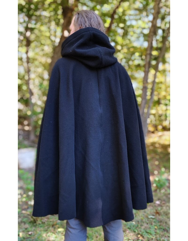 Cloakmakers.com 6177-Washable Black Wool Cloak w/ Blue Velvet Hood Lining & Triple Medallion Clasp