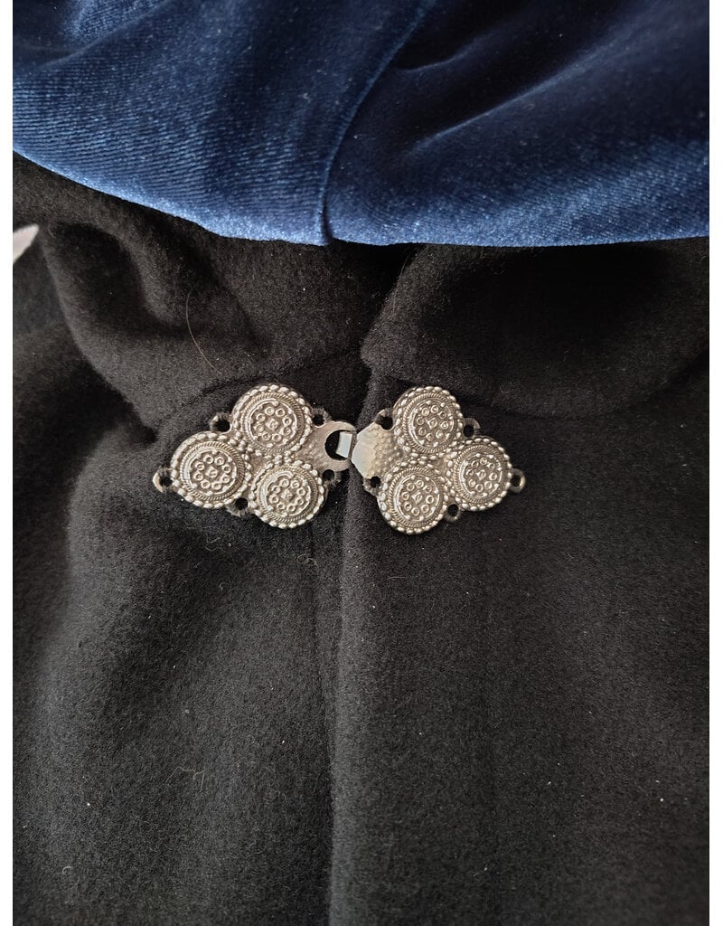 Cloakmakers.com 6177-Washable Black Wool Cloak w/ Blue Velvet Hood Lining & Triple Medallion Clasp