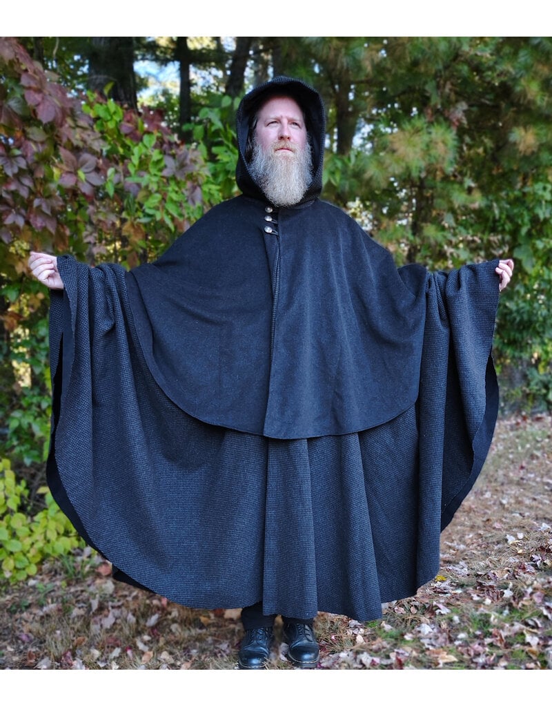 Cloakmakers.com 6179-Washable Black & Grey Plaid Mantle Cloak w/ Black Velvet Hood Lining & Pockets