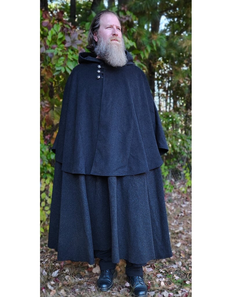 Cloakmakers.com 6179-Washable Black & Grey Plaid Mantle Cloak w/ Black Velvet Hood Lining & Pockets