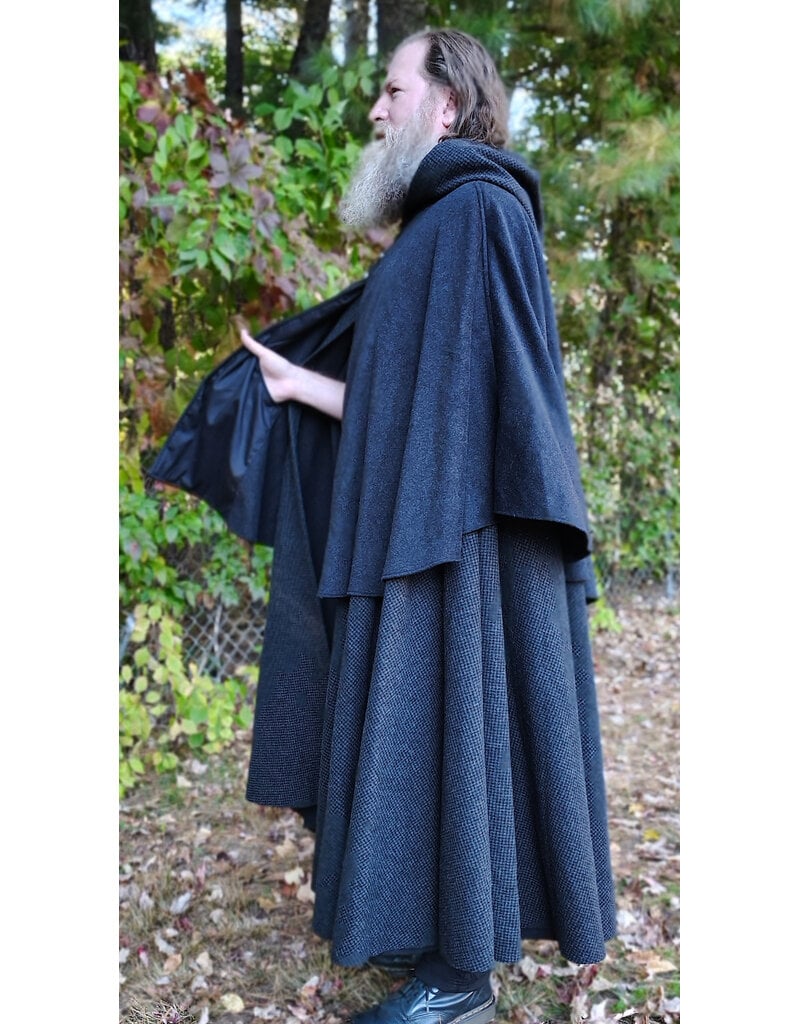 Cloakmakers.com 6179-Washable Black & Grey Plaid Mantle Cloak w/ Black Velvet Hood Lining & Pockets