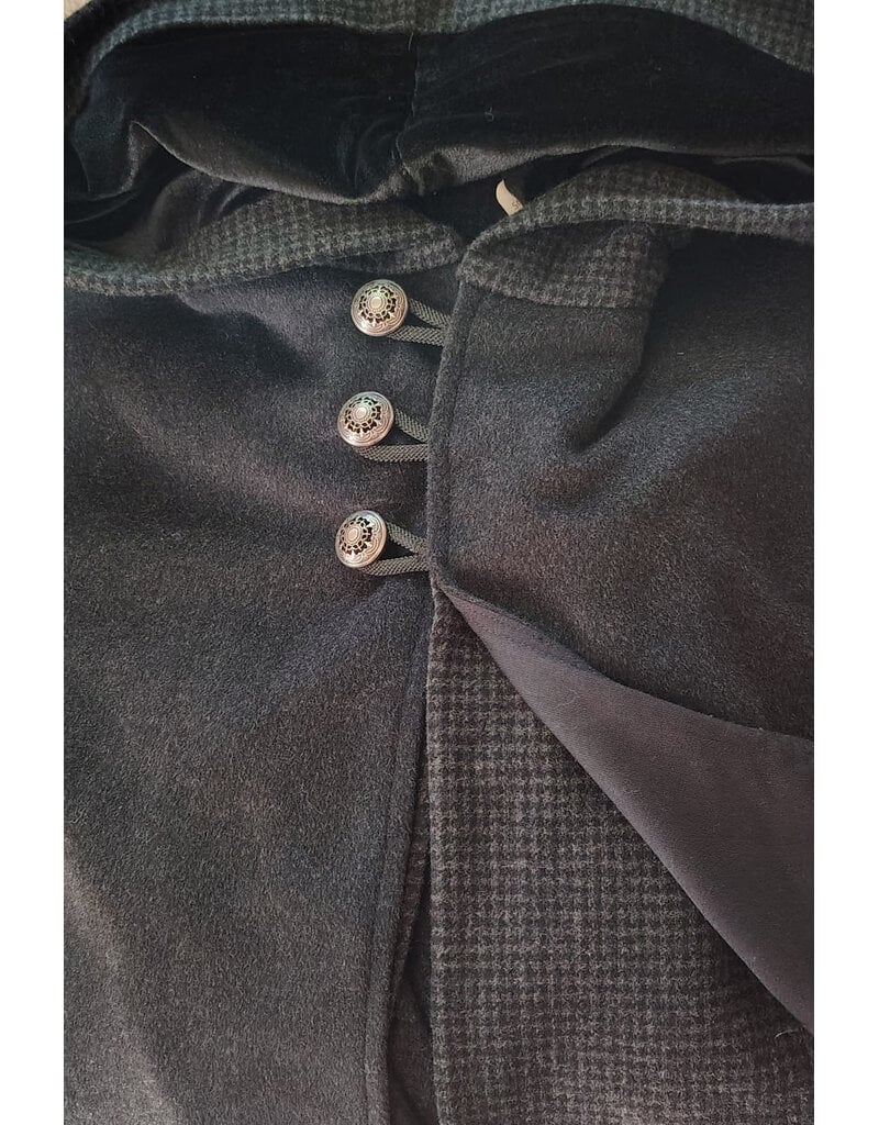 Cloakmakers.com 6179-Washable Black & Grey Plaid Mantle Cloak w/ Black Velvet Hood Lining & Pockets