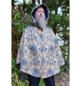 Cloakmakers.com 6180-Washable Blue & Beige Brocade Cloak w/ Blue Velvet Hood Lining & Blue Faux Suede Pockets