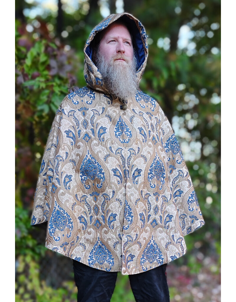 Cloakmakers.com 6180-Washable Blue & Beige Brocade Cloak w/ Blue Velvet Hood Lining & Blue Faux Suede Pockets