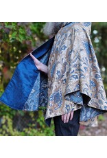 Cloakmakers.com 6180-Washable Blue & Beige Brocade Cloak w/ Blue Velvet Hood Lining & Blue Faux Suede Pockets