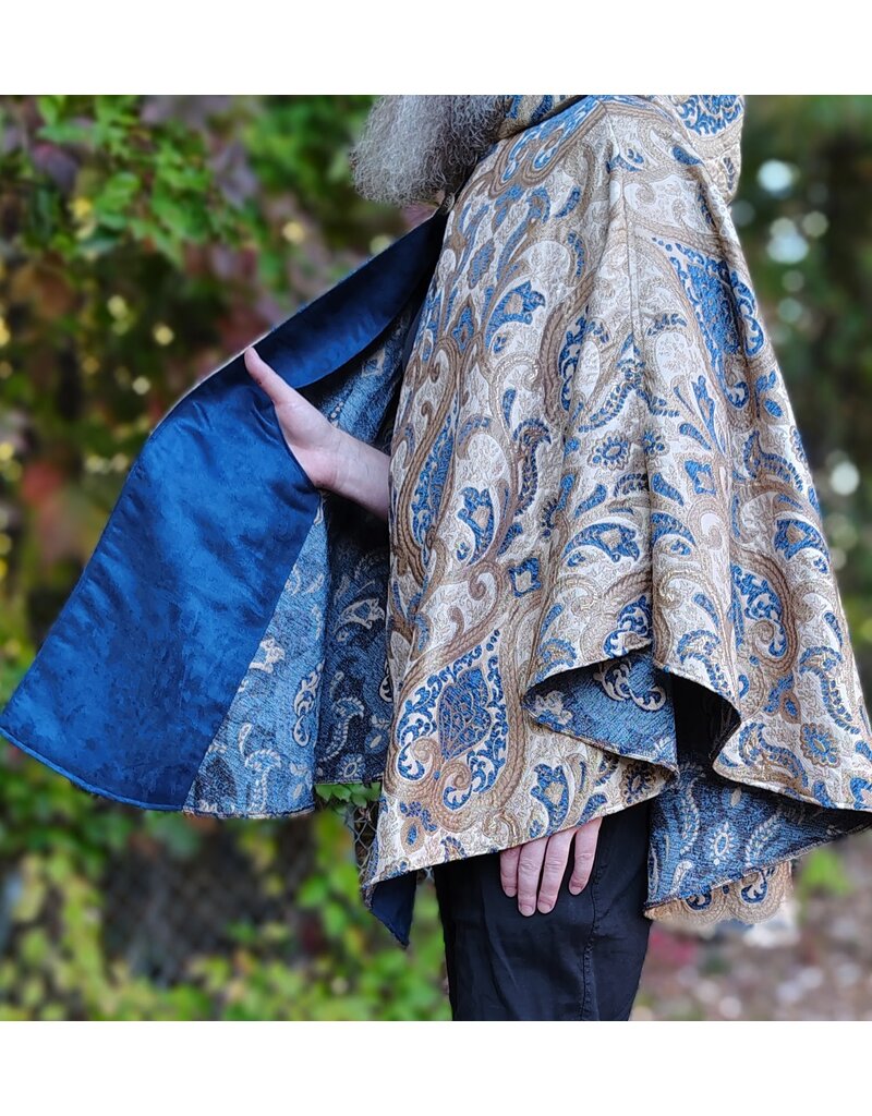 Cloakmakers.com 6180-Washable Blue & Beige Brocade Cloak w/ Blue Velvet Hood Lining & Blue Faux Suede Pockets