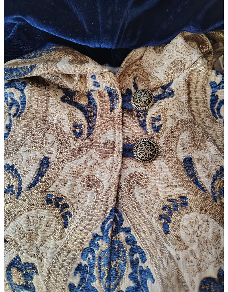 Cloakmakers.com 6180-Washable Blue & Beige Brocade Cloak w/ Blue Velvet Hood Lining & Blue Faux Suede Pockets
