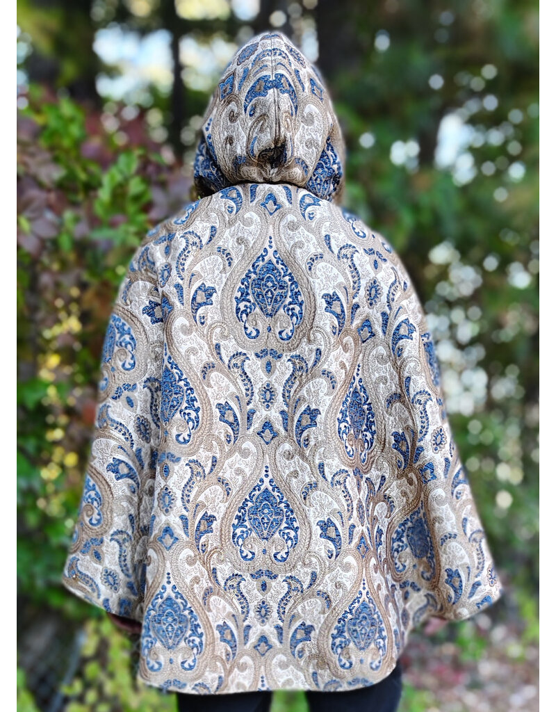 Cloakmakers.com 6180-Washable Blue & Beige Brocade Cloak w/ Blue Velvet Hood Lining & Blue Faux Suede Pockets