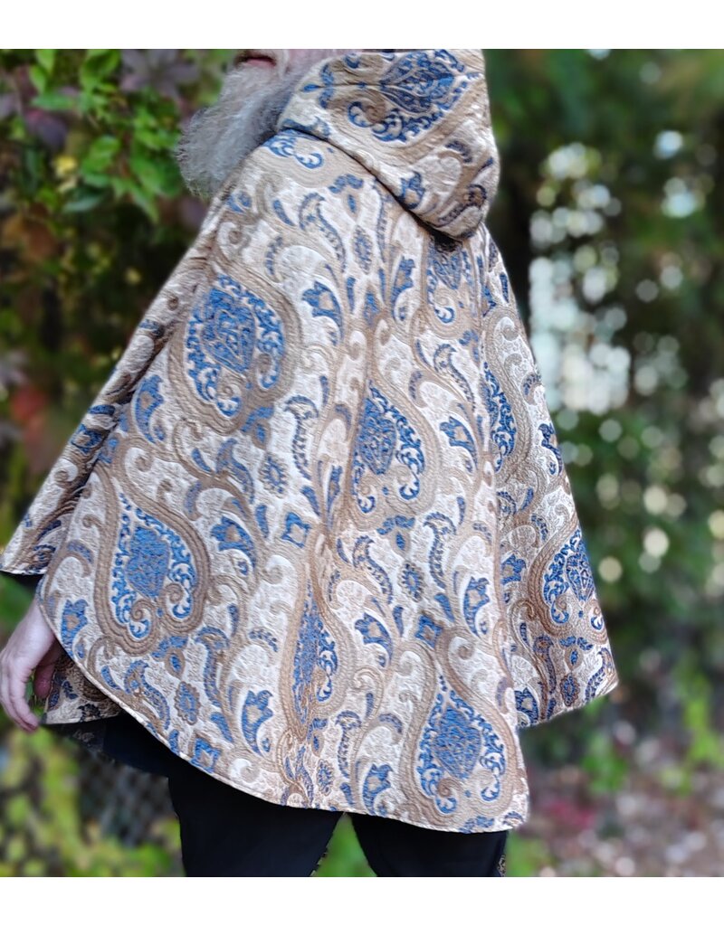 Cloakmakers.com 6180-Washable Blue & Beige Brocade Cloak w/ Blue Velvet Hood Lining & Blue Faux Suede Pockets