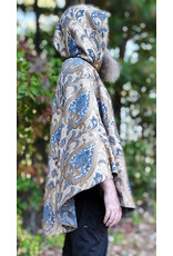 Cloakmakers.com 6180-Washable Blue & Beige Brocade Cloak w/ Blue Velvet Hood Lining & Blue Faux Suede Pockets