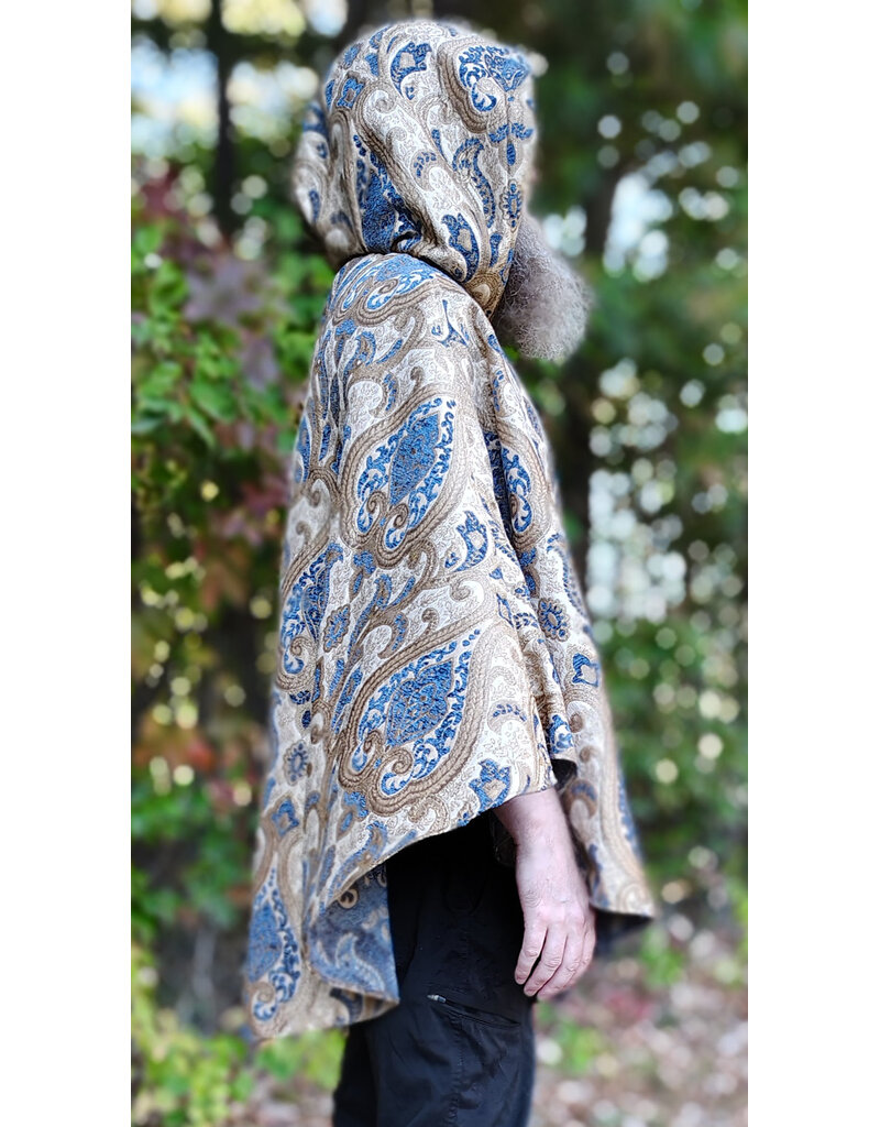 Cloakmakers.com 6180-Washable Blue & Beige Brocade Cloak w/ Blue Velvet Hood Lining & Blue Faux Suede Pockets
