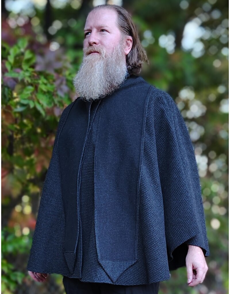 Cloakmakers.com 6181-Washable Black & Grey Plaid Wool Cloak w/ Scarfed Collar & Two Pockets