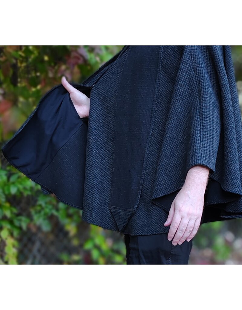 Cloakmakers.com 6181-Washable Black & Grey Plaid Wool Cloak w/ Scarfed Collar & Two Pockets
