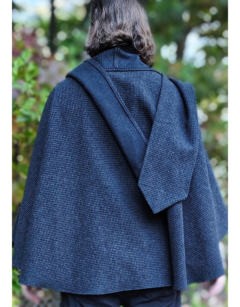 Cloakmakers.com 6181-Washable Black & Grey Plaid Wool Cloak w/ Scarfed Collar & Two Pockets
