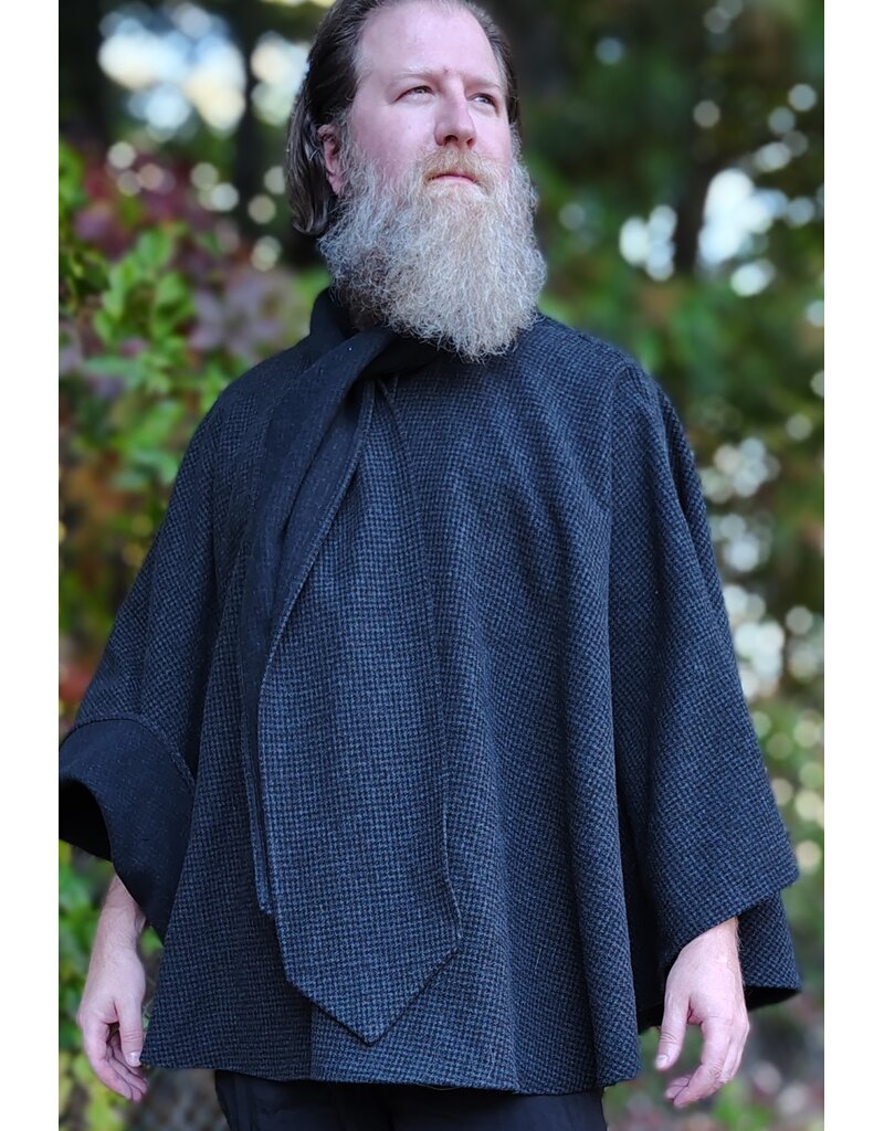 Cloakmakers.com 6181-Washable Black & Grey Plaid Wool Cloak w/ Scarfed Collar & Two Pockets