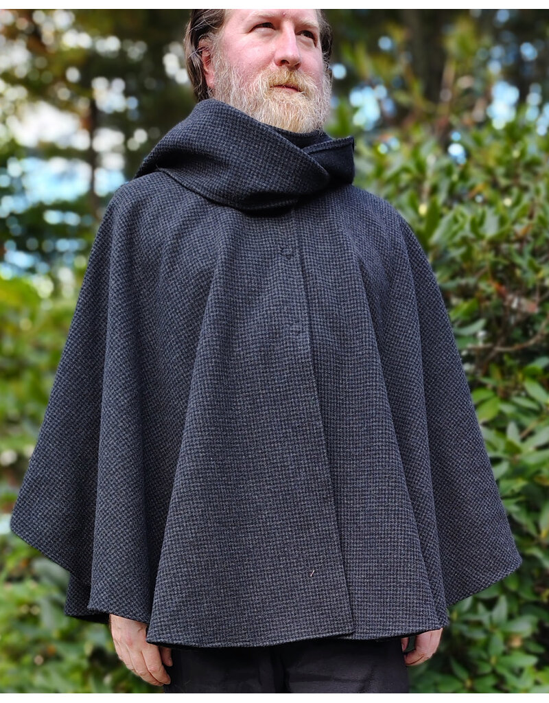 Cloakmakers.com 6181-Washable Black & Grey Plaid Wool Cloak w/ Scarfed Collar & Two Pockets