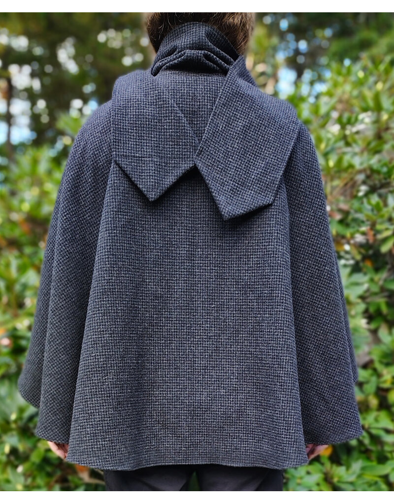 Cloakmakers.com 6181-Washable Black & Grey Plaid Wool Cloak w/ Scarfed Collar & Two Pockets