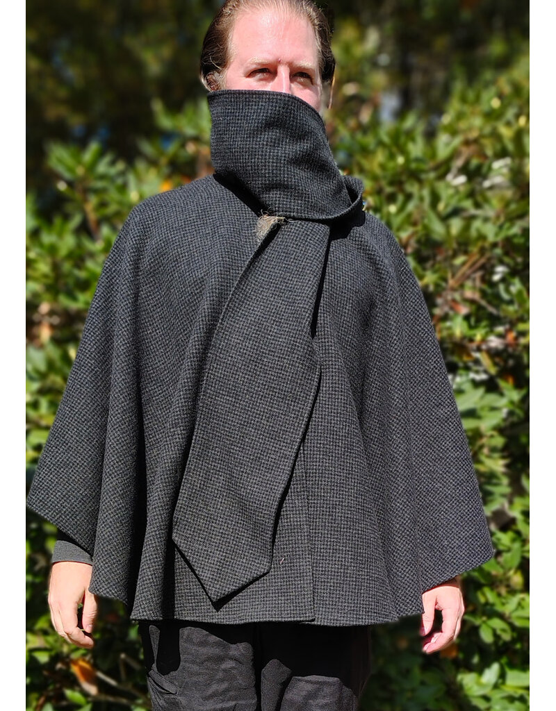 Cloakmakers.com 6181-Washable Black & Grey Plaid Wool Cloak w/ Scarfed Collar & Two Pockets