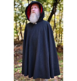 Cloakmakers.com 6184-Washable Black Wool Cloak w/ Red Velvet Hood Lining & Gothic Rose Clasp