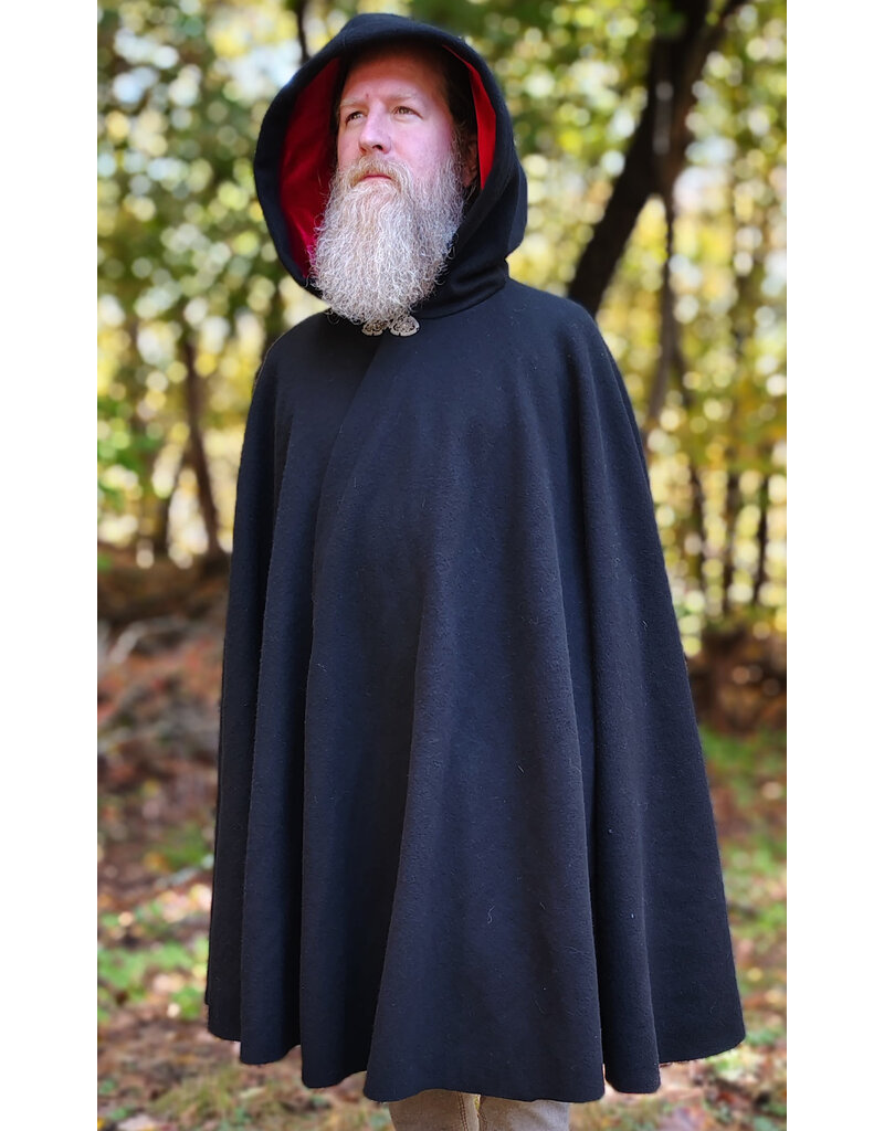 Cloakmakers.com 6184-Washable Black Wool Cloak w/ Red Velvet Hood Lining & Gothic Rose Clasp