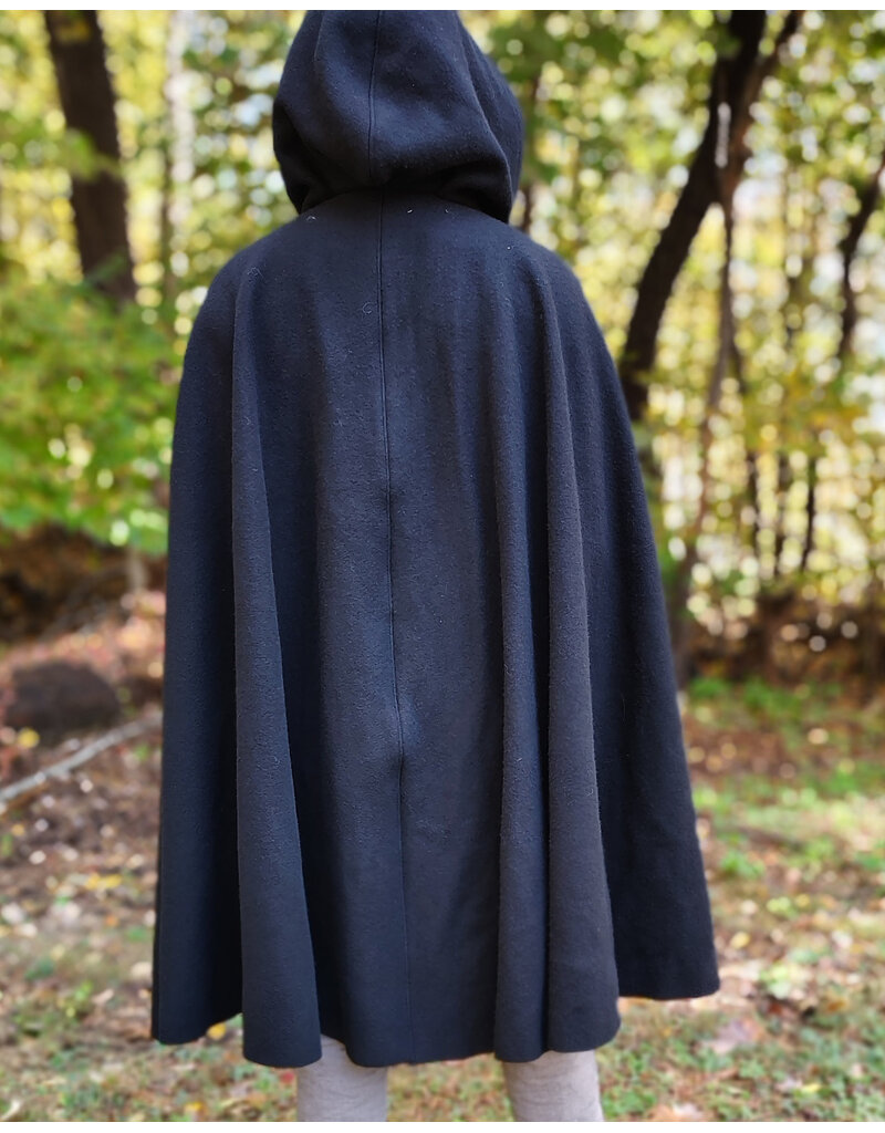 Cloakmakers.com 6184-Washable Black Wool Cloak w/ Red Velvet Hood Lining & Gothic Rose Clasp