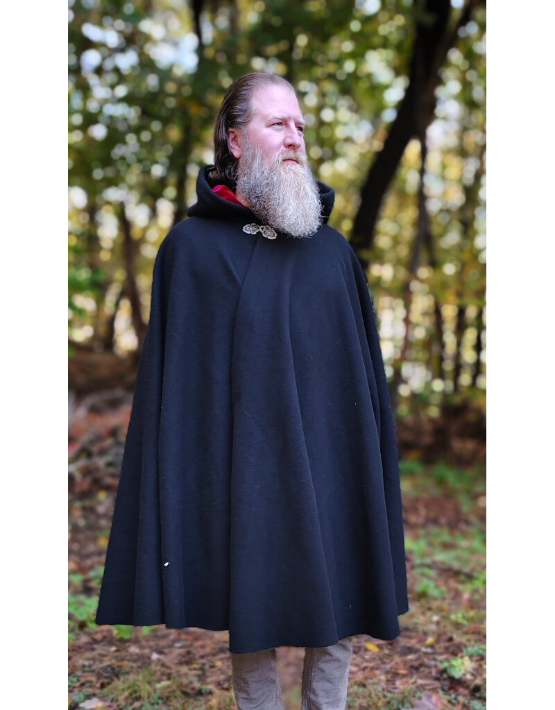 Cloakmakers.com 6184-Washable Black Wool Cloak w/ Red Velvet Hood Lining & Gothic Rose Clasp
