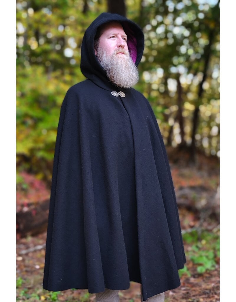 Cloakmakers.com 6186-Washable Black Wool Cloak w/ Burgundy Velvet Hood Lining & Gothic Rose Clasp