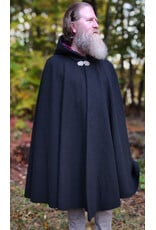 Cloakmakers.com 6186-Washable Black Wool Cloak w/ Burgundy Velvet Hood Lining & Gothic Rose Clasp