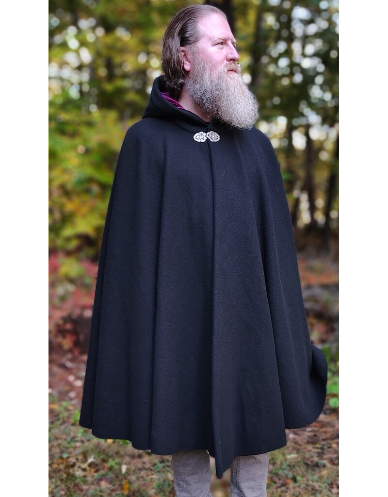 Cloakmakers.com 6186-Washable Black Wool Cloak w/ Burgundy Velvet Hood Lining & Gothic Rose Clasp