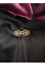 Cloakmakers.com 6186-Washable Black Wool Cloak w/ Burgundy Velvet Hood Lining & Gothic Rose Clasp