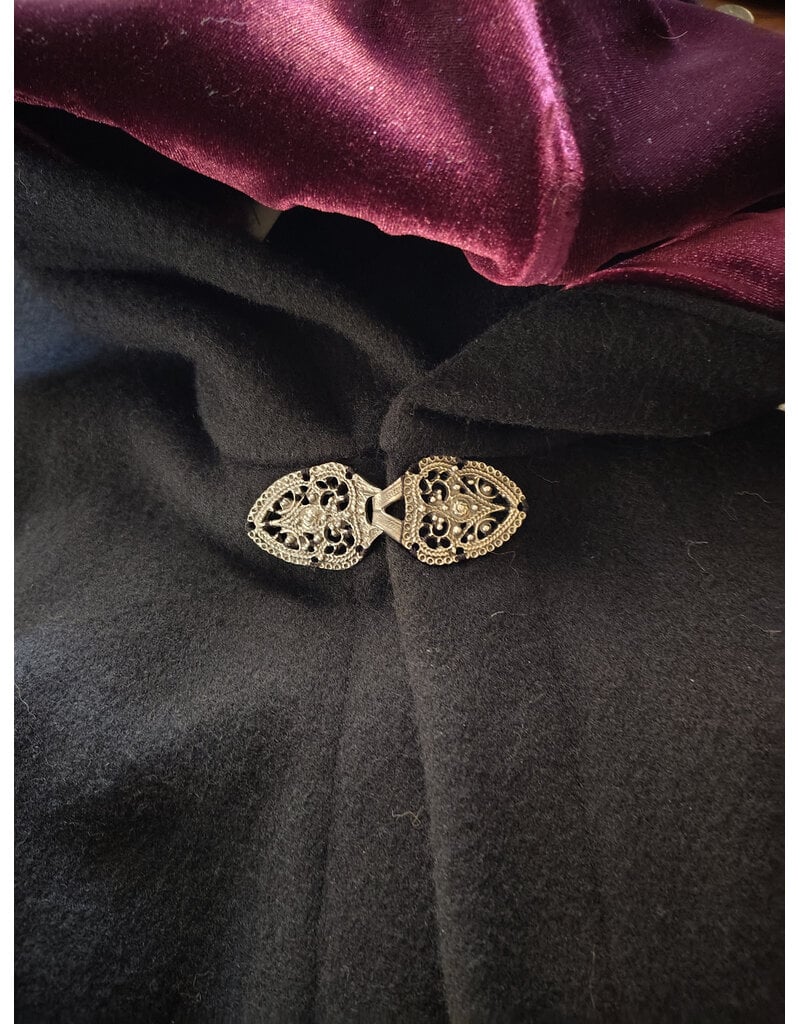 Cloakmakers.com 6186-Washable Black Wool Cloak w/ Burgundy Velvet Hood Lining & Gothic Rose Clasp