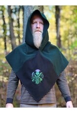 Cloakmakers.com H598-Washable Green & Black Wool Viking Hood w/ Green & Purple Thistle Embroider & Pointy Hood