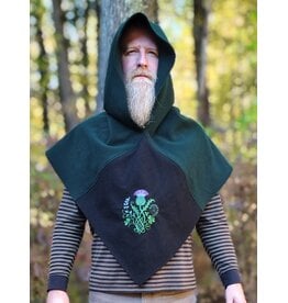 Cloakmakers.com H598-Washable Green & Black Wool Viking Hood w/ Green & Purple Thistle Embroider & Pointy Hood