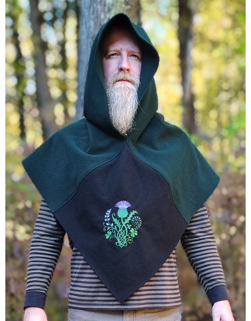 Cloakmakers.com H598-Washable Green & Black Wool Viking Hood w/ Green & Purple Thistle Embroider & Pointy Hood