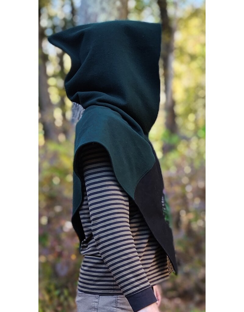 Cloakmakers.com H598-Washable Green & Black Wool Viking Hood w/ Green & Purple Thistle Embroider & Pointy Hood