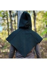 Cloakmakers.com H598-Washable Green & Black Wool Viking Hood w/ Green & Purple Thistle Embroider & Pointy Hood