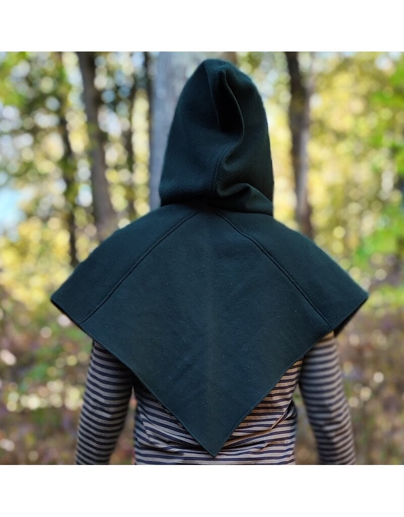 Cloakmakers.com H598-Washable Green & Black Wool Viking Hood w/ Green & Purple Thistle Embroider & Pointy Hood