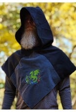 Cloakmakers.com H602-Washable Black & Heathered Grey Wool Blend Viking Hood w/ Green Floral Dragon Embroidery