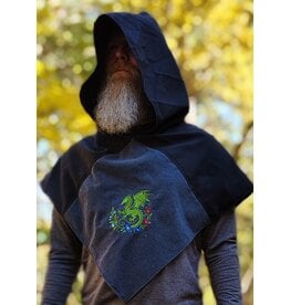 Cloakmakers.com H602-Washable Black & Heathered Grey Wool Blend Viking Hood w/ Green Floral Dragon Embroidery