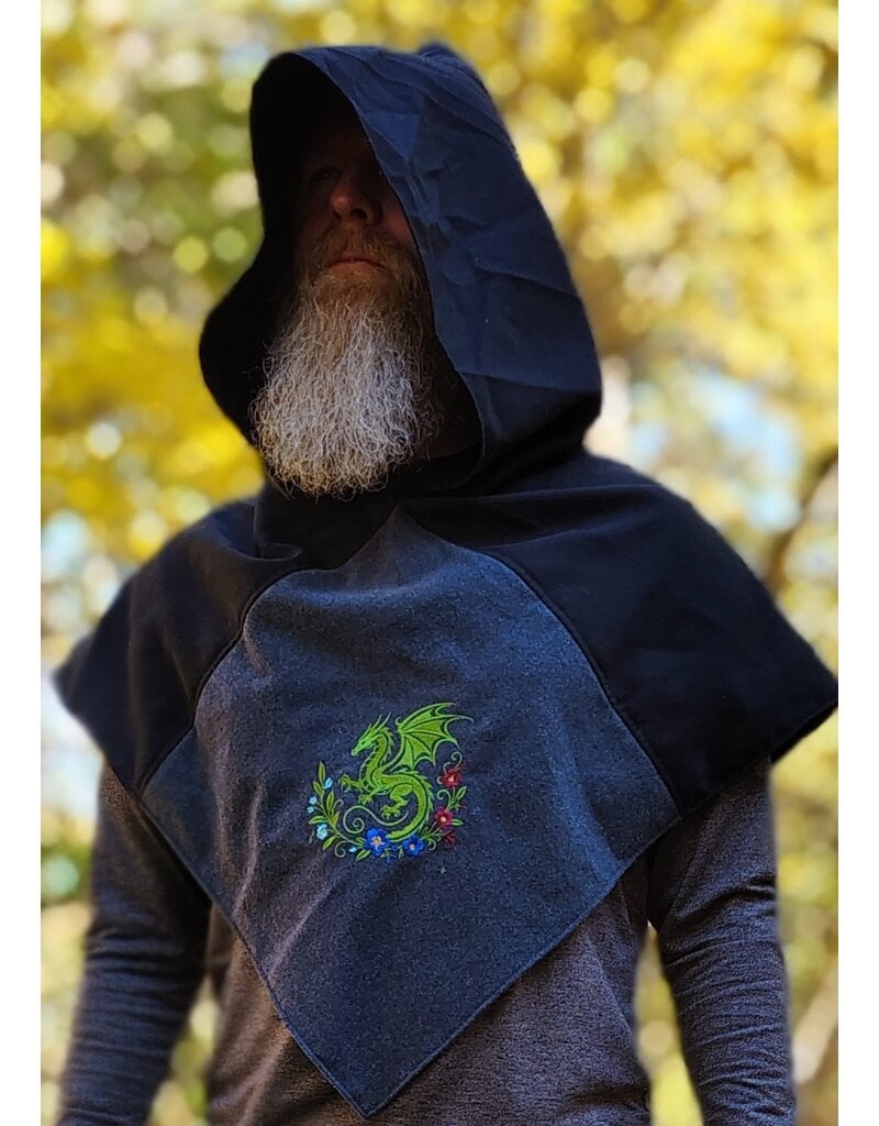 Cloakmakers.com H602-Washable Black & Heathered Grey Wool Blend Viking Hood w/ Green Floral Dragon Embroidery