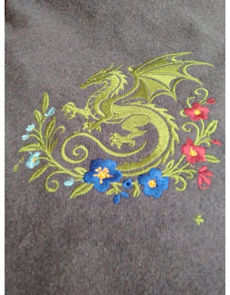 Cloakmakers.com H602-Washable Black & Heathered Grey Wool Blend Viking Hood w/ Green Floral Dragon Embroidery