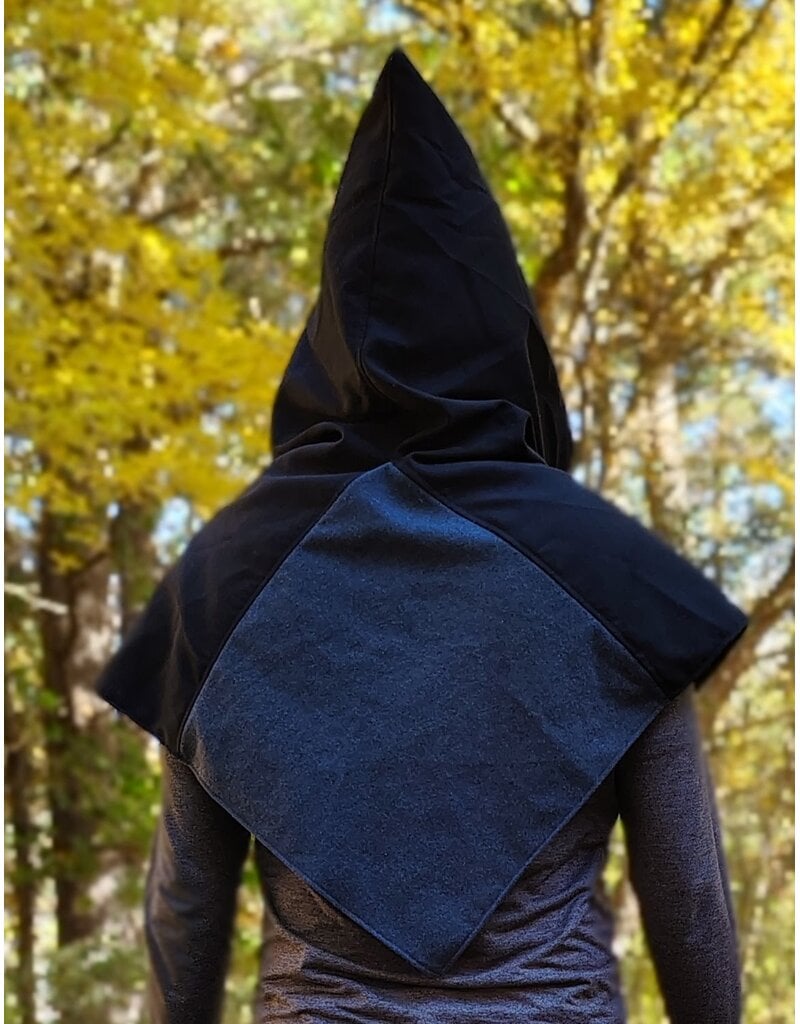Cloakmakers.com H602-Washable Black & Heathered Grey Wool Blend Viking Hood w/ Green Floral Dragon Embroidery