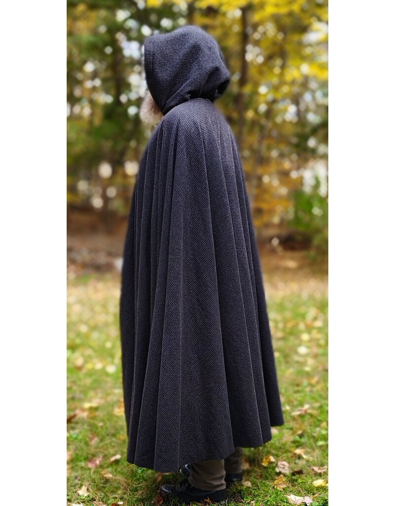 Cloakmakers.com 6187-Washable Black & Grey Plaid Wool Cloak w/ Black Velvet Hood Lining & Triple Medallion Clasp