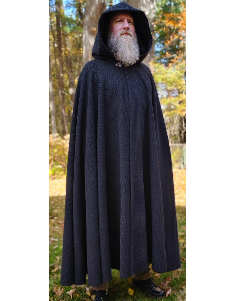 Cloakmakers.com 6187-Washable Black & Grey Plaid Wool Cloak w/ Black Velvet Hood Lining & Triple Medallion Clasp
