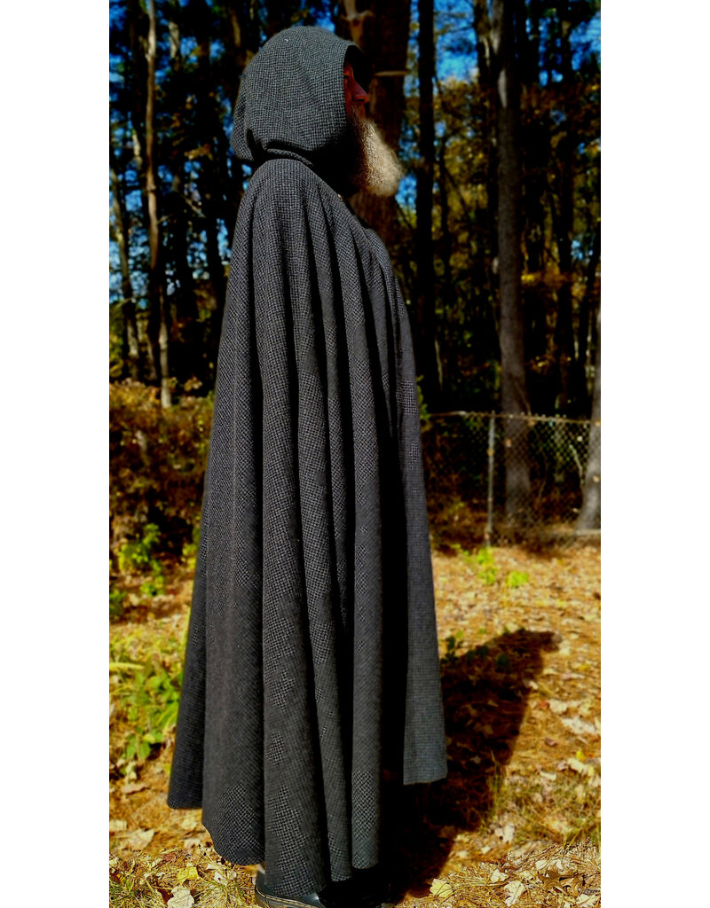 Cloakmakers.com 6187-Washable Black & Grey Plaid Wool Cloak w/ Black Velvet Hood Lining & Triple Medallion Clasp