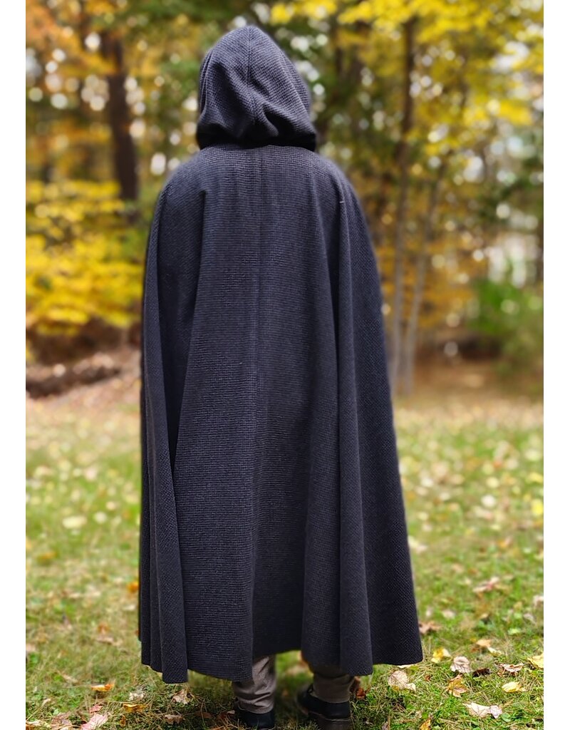 Cloakmakers.com 6187-Washable Black & Grey Plaid Wool Cloak w/ Black Velvet Hood Lining & Triple Medallion Clasp