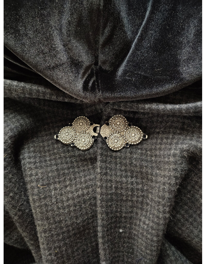 Cloakmakers.com 6187-Washable Black & Grey Plaid Wool Cloak w/ Black Velvet Hood Lining & Triple Medallion Clasp