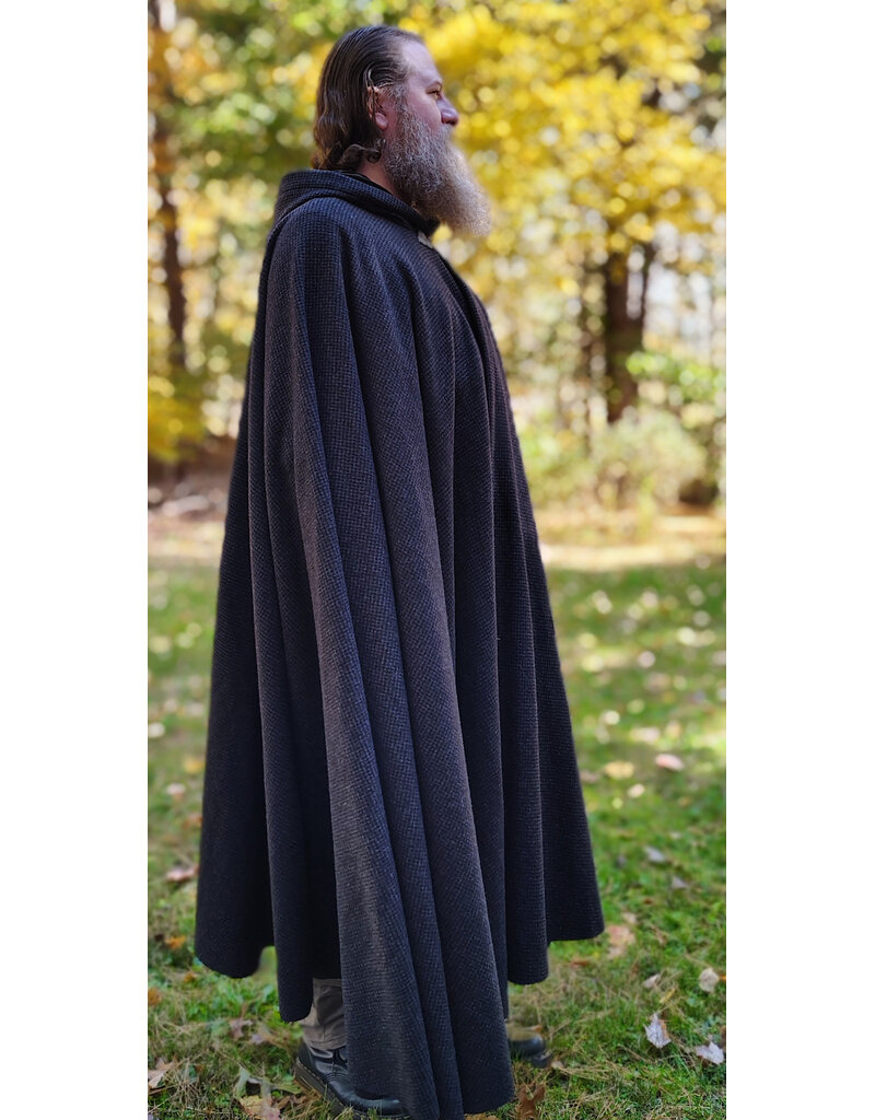 Cloakmakers.com 6187-Washable Black & Grey Plaid Wool Cloak w/ Black Velvet Hood Lining & Triple Medallion Clasp