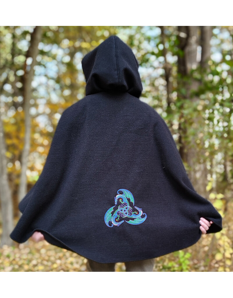 Cloakmakers.com 6189-Washable Black Wool Cloak w/ Violet Velvet Hood Lining & Blue & Green Triquetra Dragon Embroidery